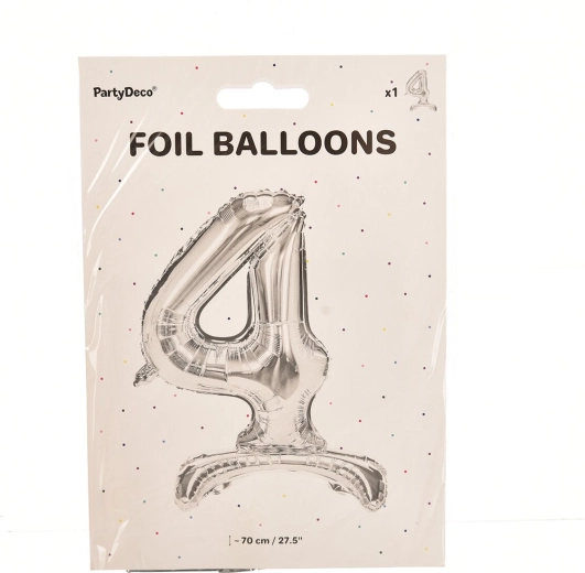 Stehender Folienballon Zahl 4, silber, 70 cm