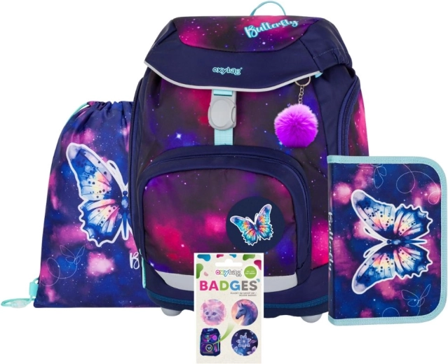 Schulset OXY Sherpy Schmetterling – Rucksack, Federmäppchen, Beutel und Ansteck-Pins