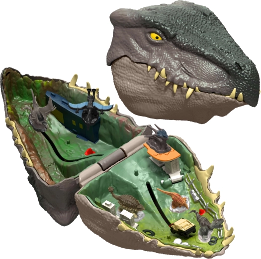 Tragbarer Dinosaurierkopf, der eine Spielwelt verbirgt
