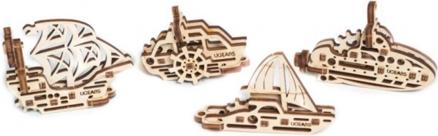 Ugears 3D mechanisches Holzpuzzle – 4 mechanische Anhänger Schiffe