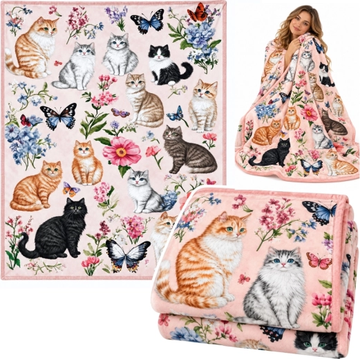 Weiche dekorative Decke mit Katzen, Blumen und Schmetterlingen 150 × 100 cm