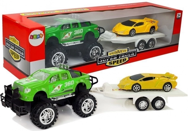 Fahrzeugset - gelbes Sportauto, grünes Geländewagen mit Aufziehmotor