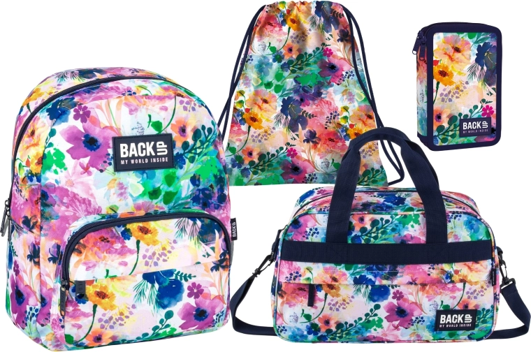 Preisgünstiges Schulset BackUP Spring Flowers 4-in-1 – Rucksack, ausgestattetes Federmäppchen, Turnbeutel und Sporttasche