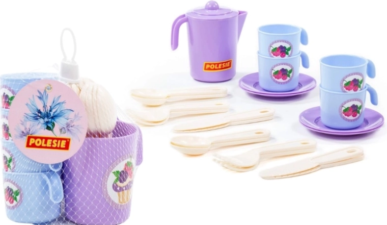Buntes Kinderteeset mit Geschirr und Besteck