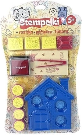Set mit Kinderstempeln mit roter Stempelfarbe und Etui in Häuschenform