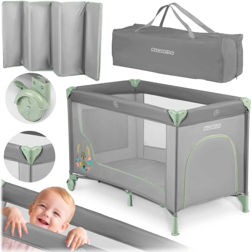Reise-Kinderbett Kikkids grau-mint 125 × 65 × 78 cm mit Matratze und Tasche