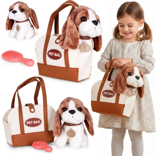 Plüsch-Hündchen in Tasche mit Bürste für Kinder