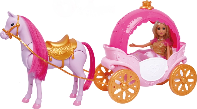 Puppe mit Kutsche und Pferd, 30 cm
