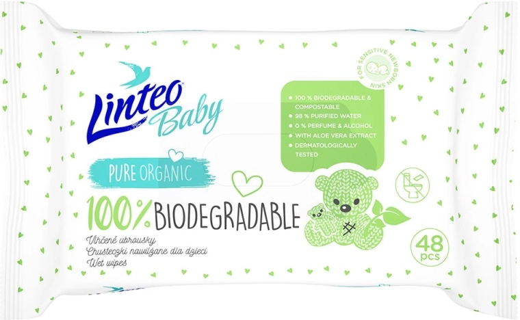 Linteo Baby Feuchttücher für Kinder 100 % biologisch abbaubar 48 Stk.