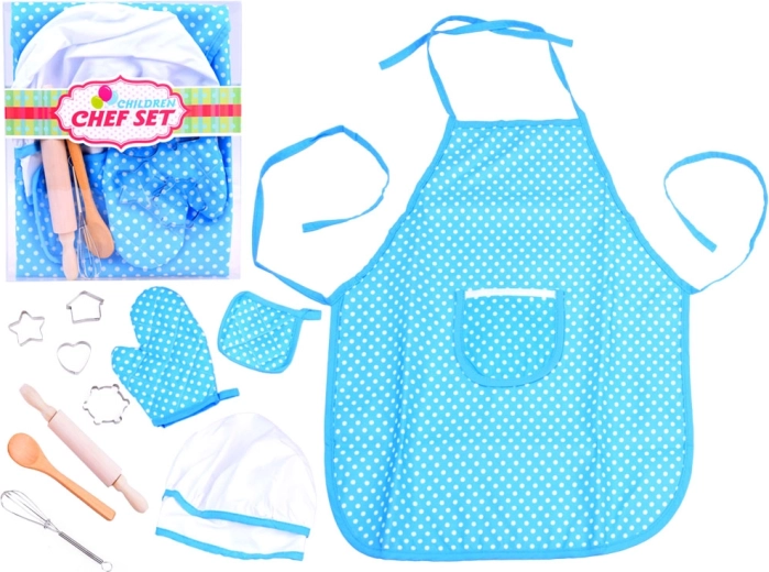 Kinder-Kochset mit blauer gepunkteter Schürze, Mütze, Handschuh und Backwerkzeugen
