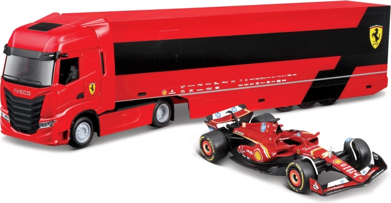 Bburago Ferrari Racing-Truck Iveco mit Auflieger und F1 Ferrari SF-24 2024 (Charles Leclerc) 1:43
