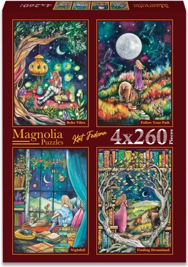 Magnolia Puzzle-Set „Pohoda“, „Auf dem eigenen Weg“, „Dämmerung“ und „Auf der Suche nach dem Reich der Träume“ 4×260 Teile