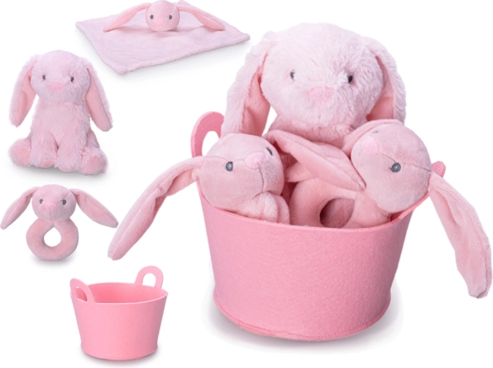 Geschenkset für Babys mit rosa Plüschhäschen, Rassel und Schmusetuch im Korb
