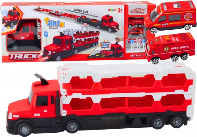 Lkw-Autotransporter 2-in-1 mit ausziehbarer Rennstrecke, Licht und Sound – Rot