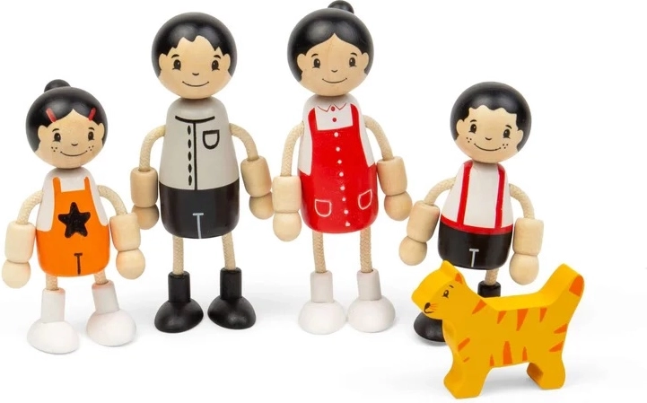 Tidlo Holzpuppen fürs Puppenhaus – asiatische Familie mit Katze