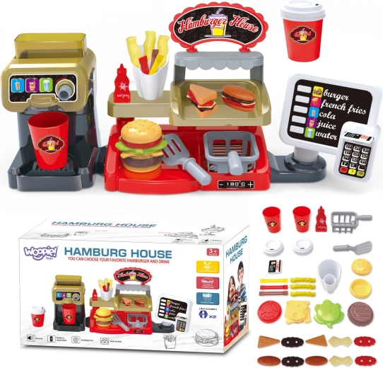 Spielzeug-Fastfood XXL WOOPIE mit Kasse und Getränkeabgabe
