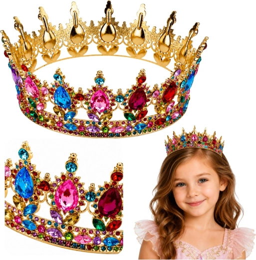 Goldene Metallkrone für eine Prinzessin mit bunten Kristallen (12,5 cm)