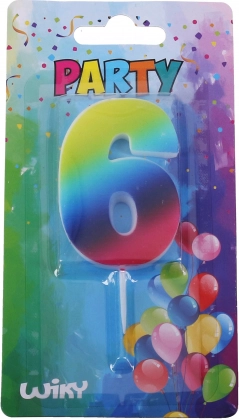 Party-Kerze Zahl 6, regenbogenfarben mit Standfuß