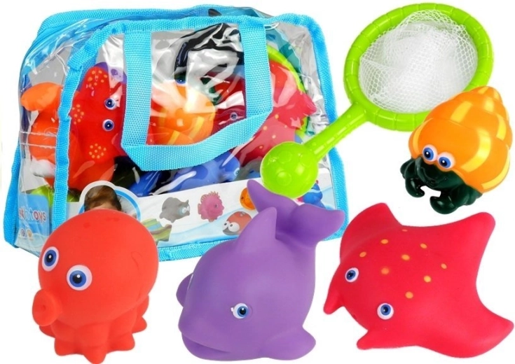 Set aus Meerestierchen für die Badewanne mit Netz