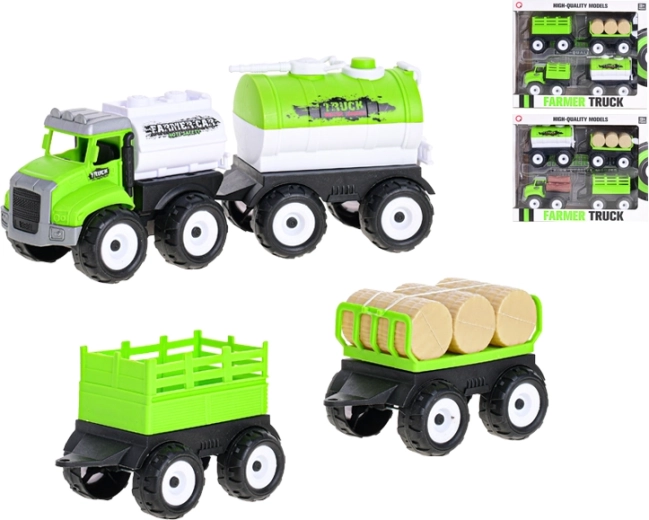 Set mit Bauernhof-Auto mit Schwungrad und drei Anhängern
