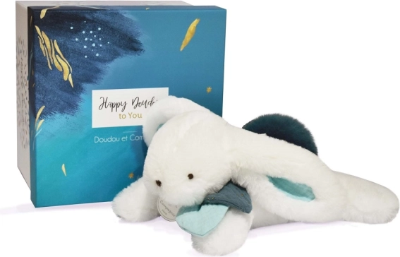 DOUDOU Geschenkset – Plüschhäschen mit dunkelblauem Bommel 25 cm