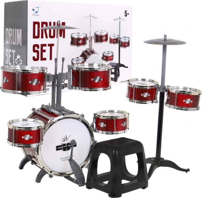 Rotes Schlagzeug mit 7 Trommeln + Hocker + 2 Becken + 2 Sticks – 12 Teile