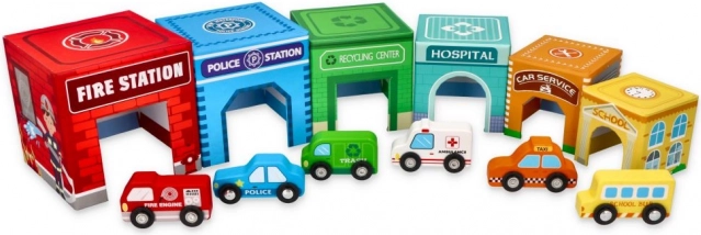 Pyramide aus Bechern mit Fahrzeugen