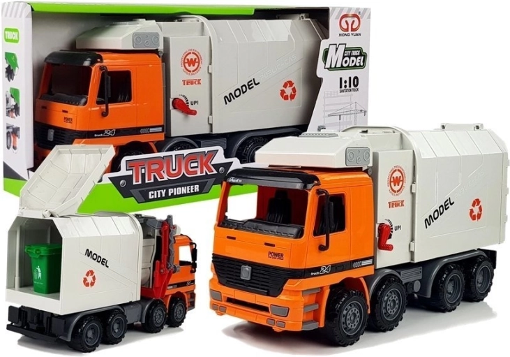 Müllwagen mit Friktionsantrieb und Mülltonne