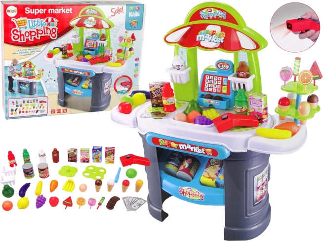 Kindersupermarkt mit Scanner und Lebensmitteln