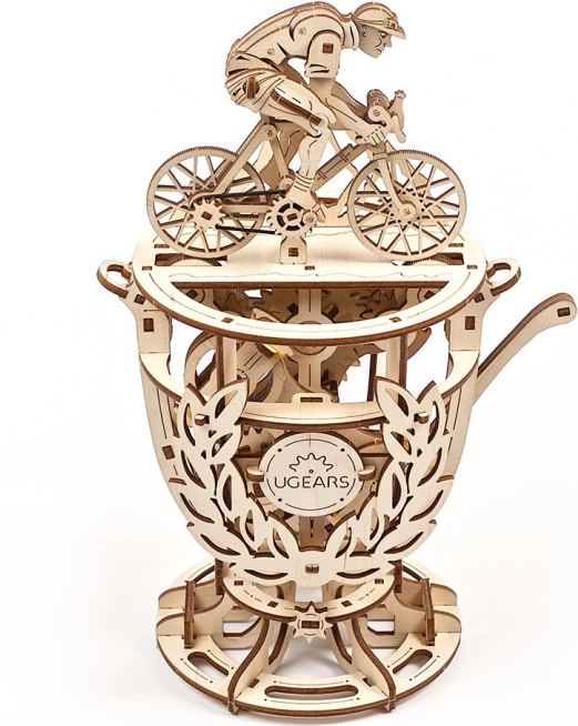 Holzige mechanische 3D‑Puzzle UGEARS Radfahrer – Pokal mit beweglichem Mechanismus