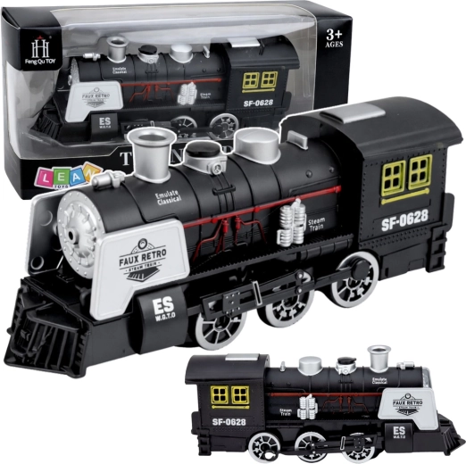 Klassische schwarze Dampflok mit Geräuschen, Rauch und Hindernissensor