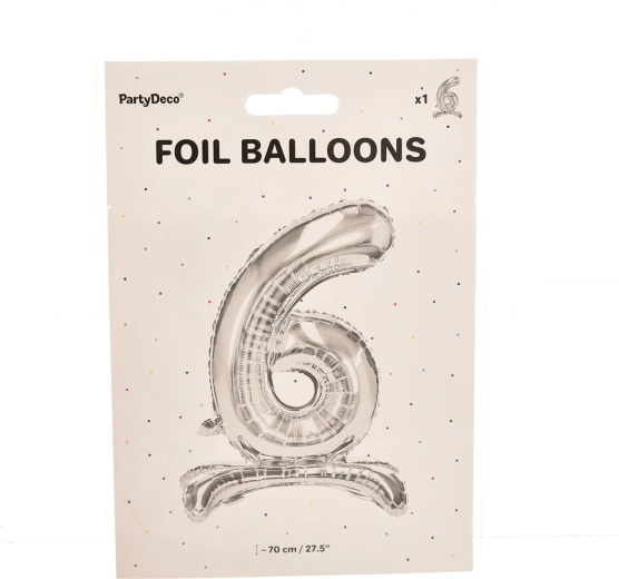 Stehender Folienballon Zahl 6 – Silber, 70 cm
