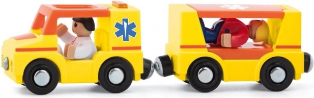 Krankenwagen mit Anhänger und Menschen