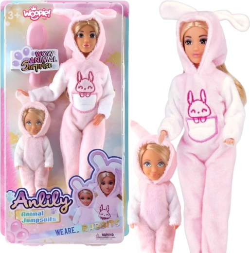 Woopie-Puppen in rosa Hasen-Overalls, Set 2 Stk.