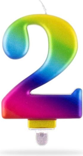 Kuchenkerze Zahl 2, zum Einstecken, Regenbogen, 7,5 cm