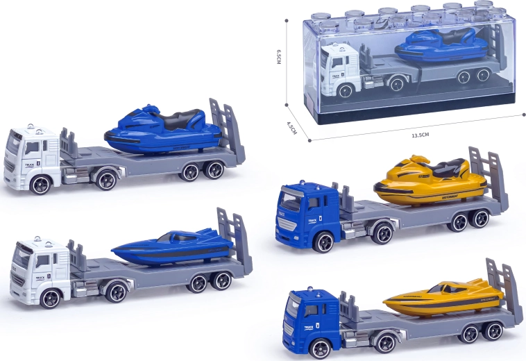 Metalllastwagen mit Motorboot 1:64 (verschiedene Ausführungen)