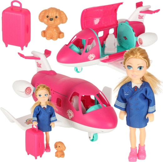 Aufklappbares Flugzeug für Puppen mit Stewardess und Zubehör