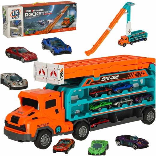 Lastwagen – Autotransporter mit zweispuriger Rennstrecke, orange
