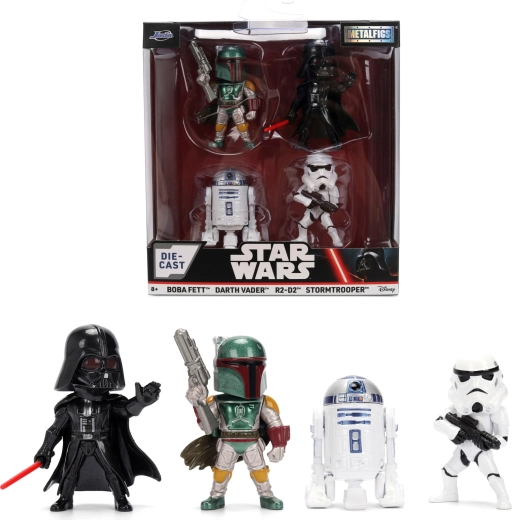 Set mit 4 STAR WARS Metalfigs – Darth Vader, R2‑D2, Stormtrooper und Boba Fett