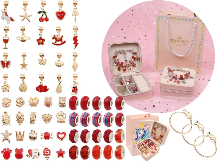 Set zur Herstellung von Schmuck und Armbändern mit Anhängern (Charms) und Perlen in Rottönen
