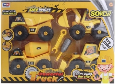 Schraubbare Baufahrzeug‑Set mit Werkzeug, 4 Fahrzeuge