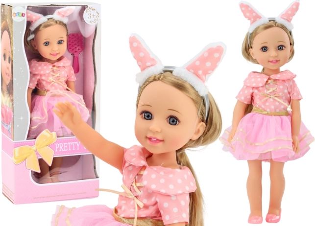 Puppe mit rosa Kleid, langen Haaren und Stirnband, 38cm