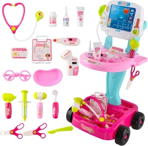 Rosa Kinder-Doktorset mit Wagen – 18 Teile