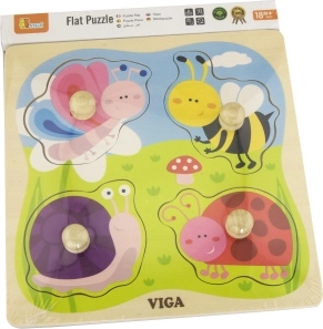 VIGA Holz-Einlegepuzzle Wiesen-Tiere mit Griffknöpfen