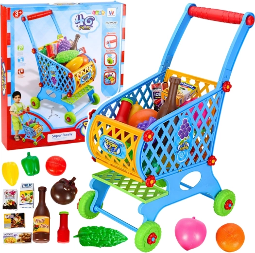 Kinder-Einkaufswagen mit Lebensmitteln, blau, 52 cm, 46 Teile