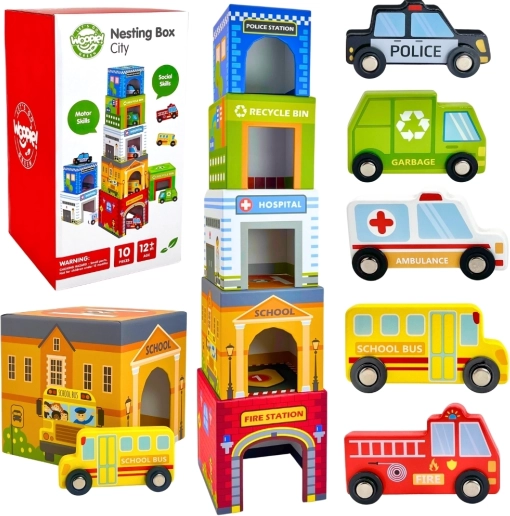 WOOPIE GREEN Einsteck-Stadt – stapelbare Würfel und Fahrzeuge 10 Stk.