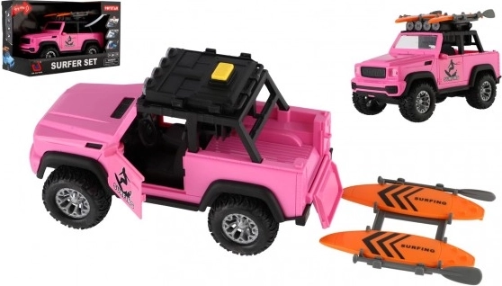 Rosa Geländewagen mit Surfbrettern und Lichteffekten
