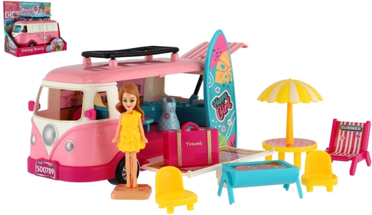 Rosa Wohnmobil für Kinder mit Surfbrett und Zubehör
