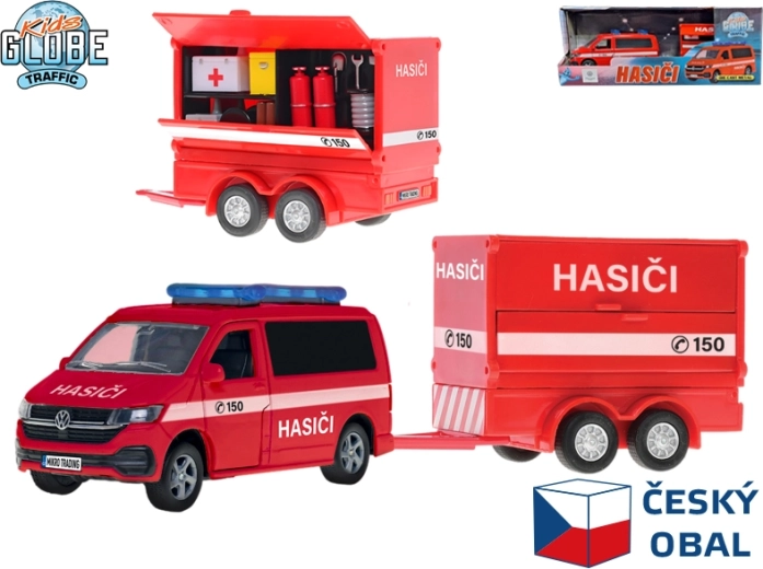 Kids Globe Traffic Feuerwehr-Transporter Volkswagen mit Anhänger, tschechisches Design