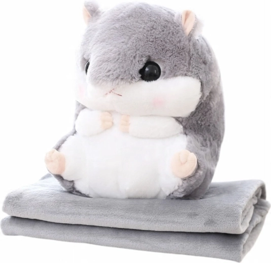 Plüsch-Hamster 3-in-1 mit Decke und Handwärmer, grau 35 cm